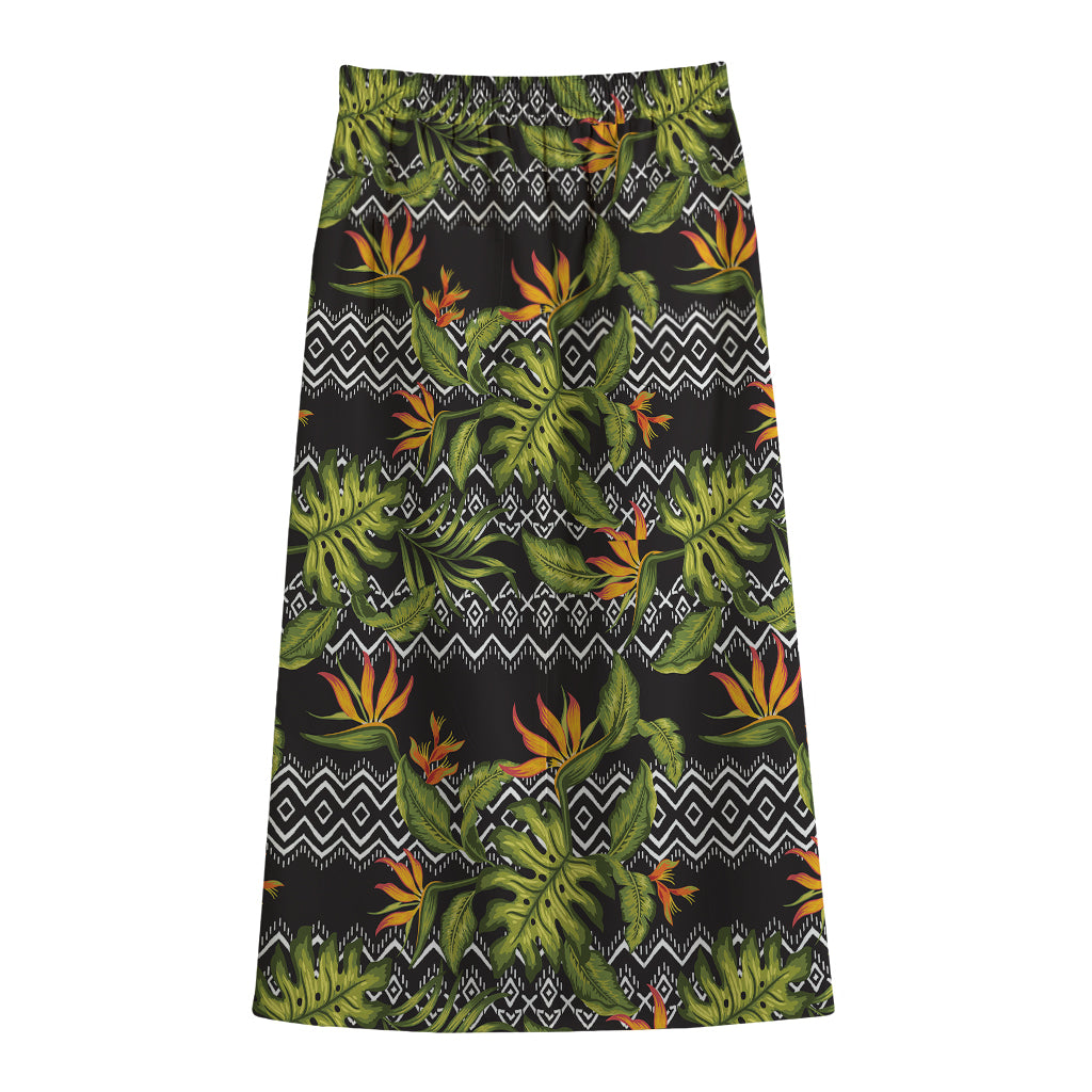 Ethnic Bird Of Paradise Pattern Print Cotton Front Slit Maxi Skirt