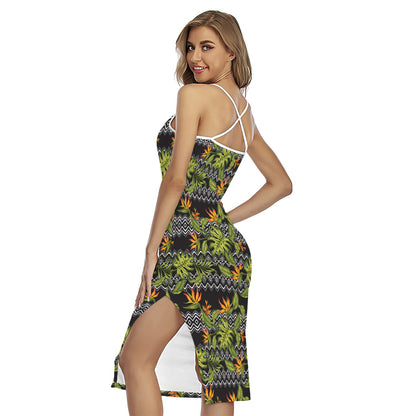 Ethnic Bird Of Paradise Pattern Print Cross Back Cami Dress