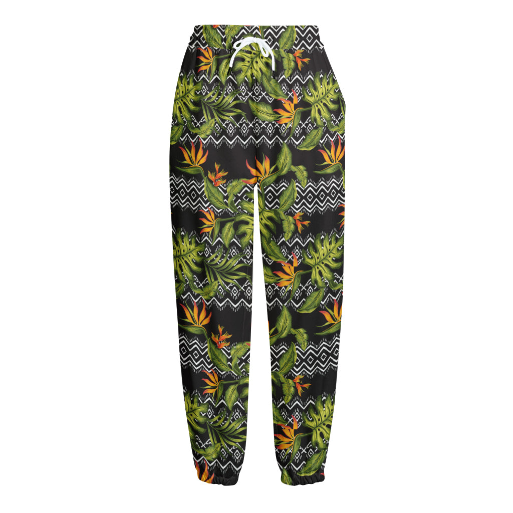 Ethnic Bird Of Paradise Pattern Print Fleece Lined Knit Pants