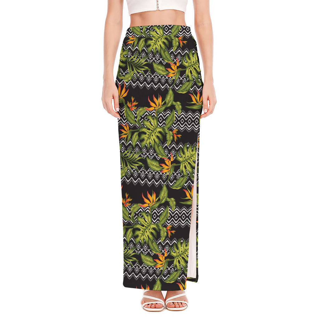 Ethnic Bird Of Paradise Pattern Print High Slit Maxi Skirt