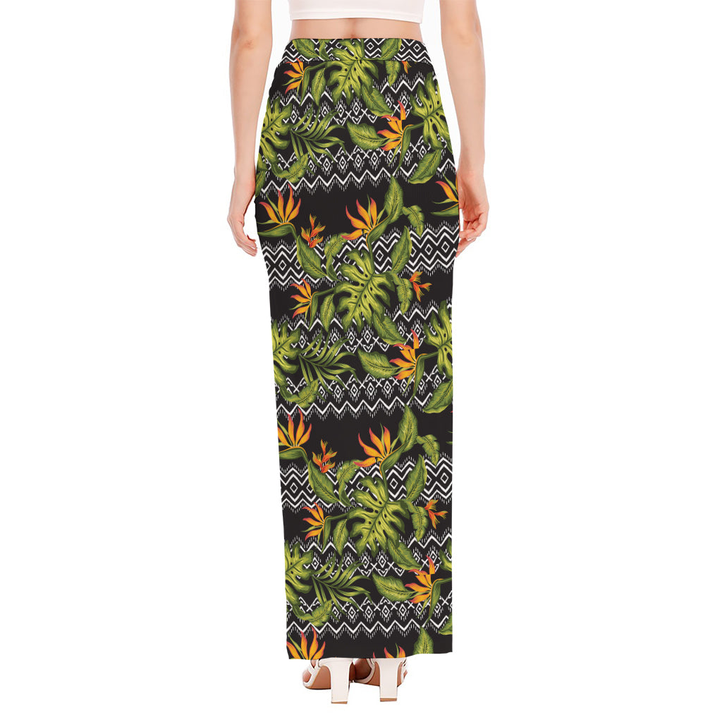 Ethnic Bird Of Paradise Pattern Print High Slit Maxi Skirt