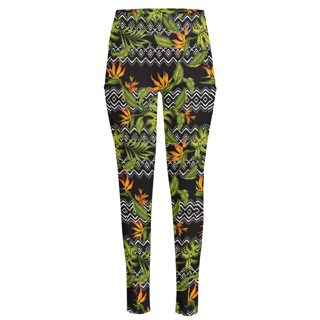 Ethnic Bird Of Paradise Pattern Print High-Waisted Pocket Leggings