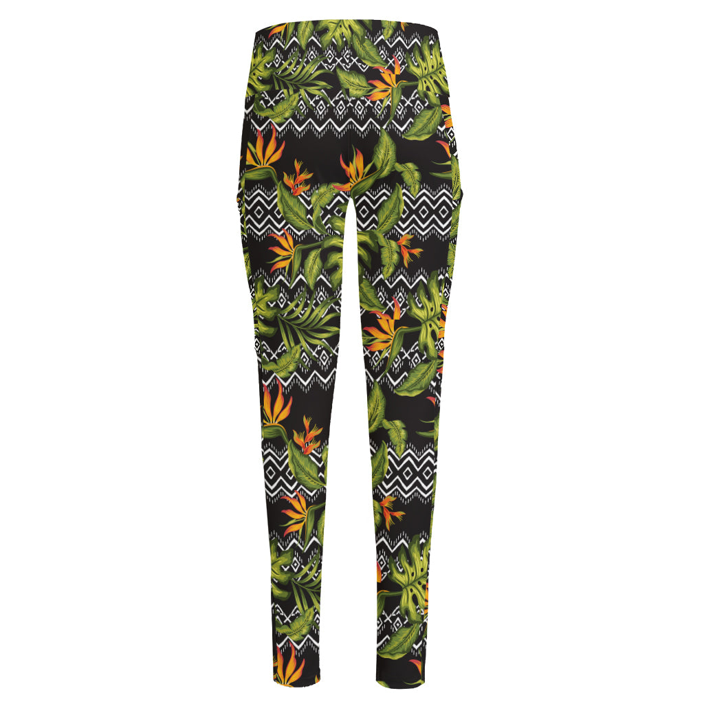 Ethnic Bird Of Paradise Pattern Print High-Waisted Pocket Leggings