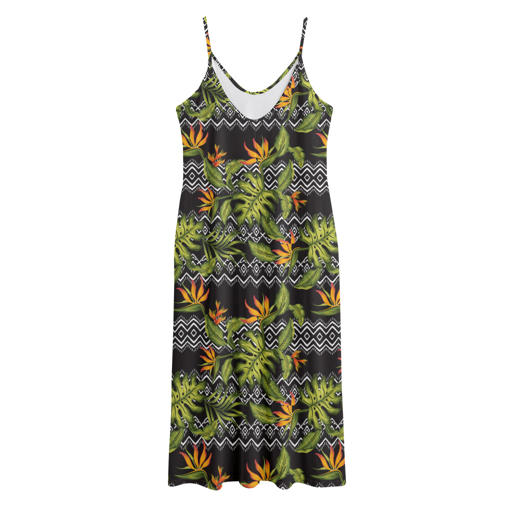 Ethnic Bird Of Paradise Pattern Print Jersey Midi Cami Dress