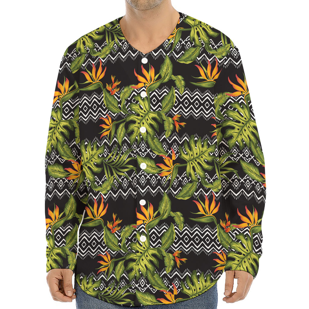 Ethnic Bird Of Paradise Pattern Print Long Sleeve Baseball Jersey