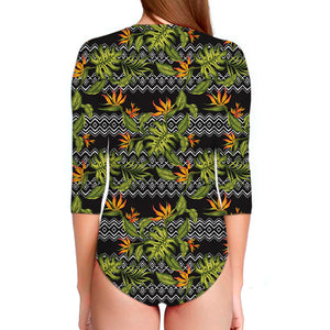 Ethnic Bird Of Paradise Pattern Print Long Sleeve Swimsuit