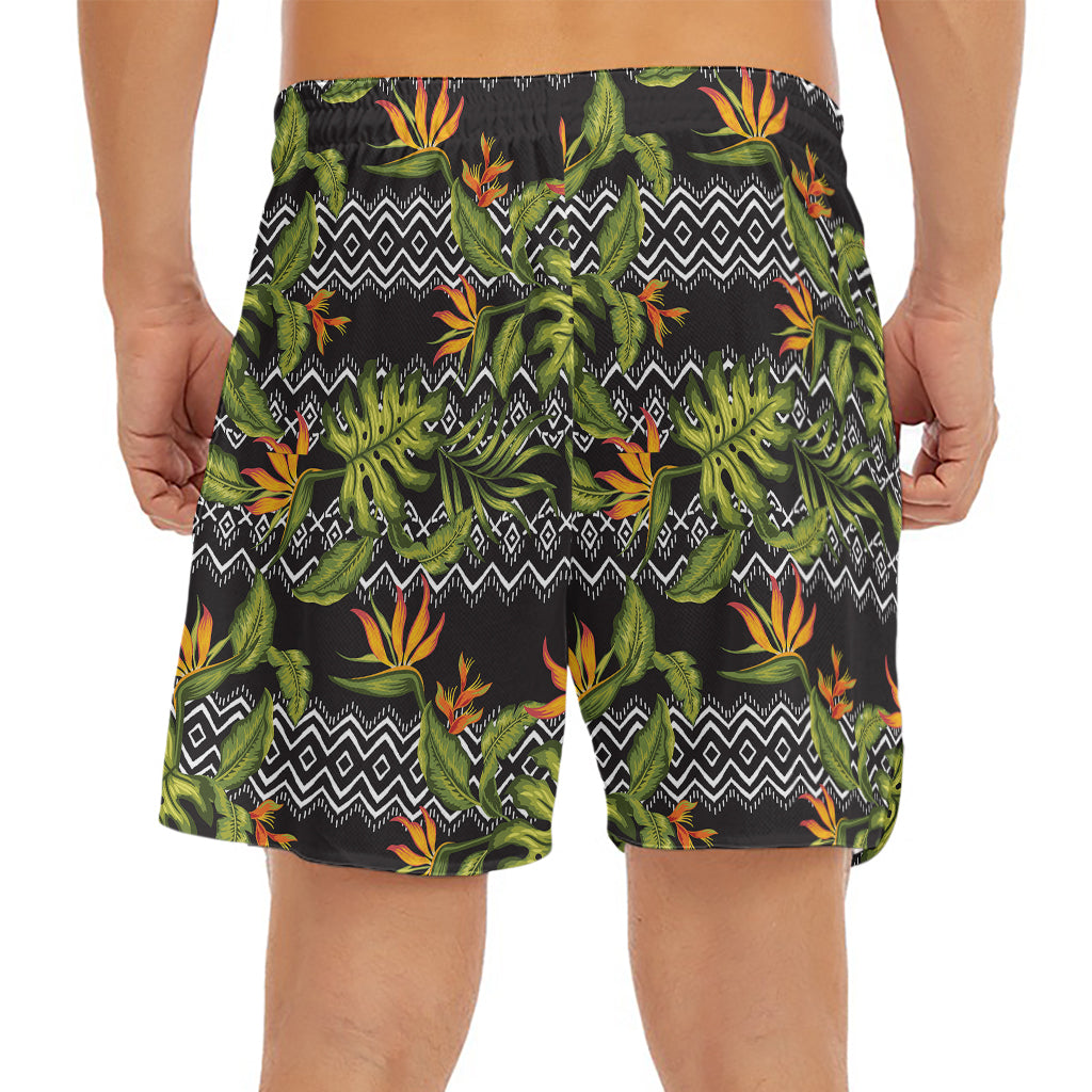 Ethnic Bird Of Paradise Pattern Print Men's Split Running Shorts