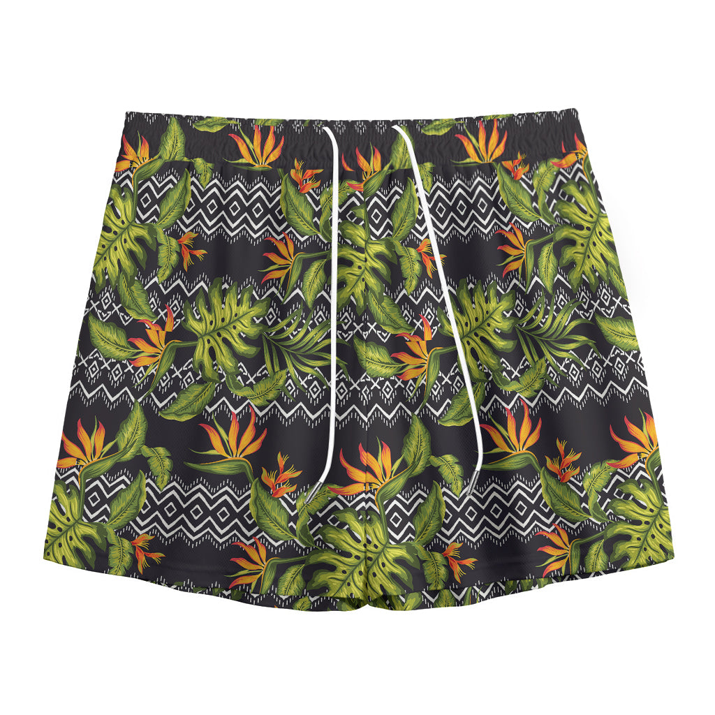 Ethnic Bird Of Paradise Pattern Print Mesh Shorts