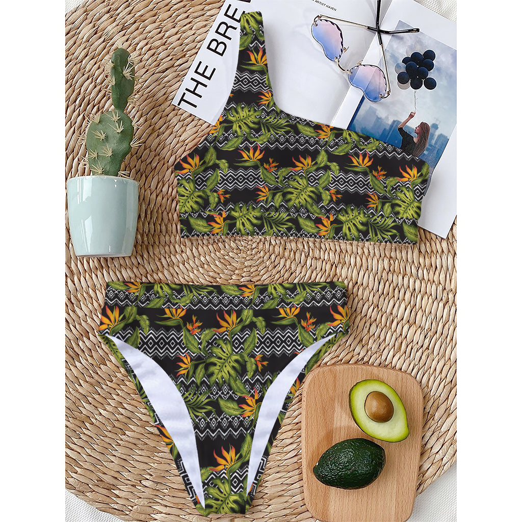 Ethnic Bird Of Paradise Pattern Print One Shoulder Bikini Top