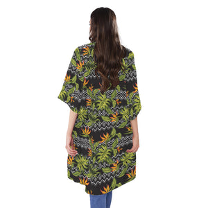 Ethnic Bird Of Paradise Pattern Print Open Front Beach Cover Up