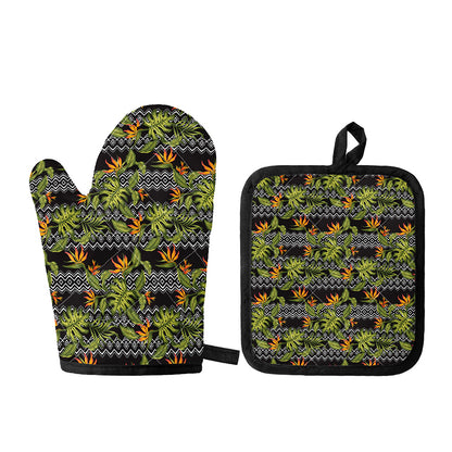 Ethnic Bird Of Paradise Pattern Print Oven Mitt And Pot Holder Set