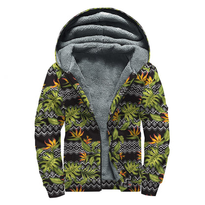 Ethnic Bird Of Paradise Pattern Print Sherpa Lined Zip Up Hoodie