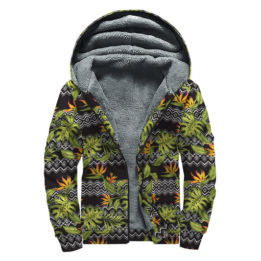 Ethnic Bird Of Paradise Pattern Print Sherpa Lined Zip Up Hoodie