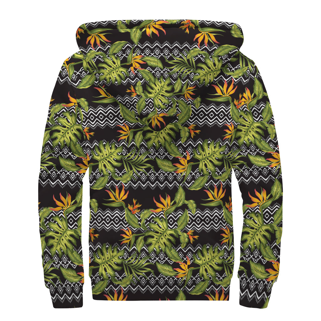 Ethnic Bird Of Paradise Pattern Print Sherpa Lined Zip Up Hoodie