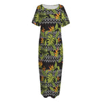 Ethnic Bird Of Paradise Pattern Print Short Sleeve Long Nightdress