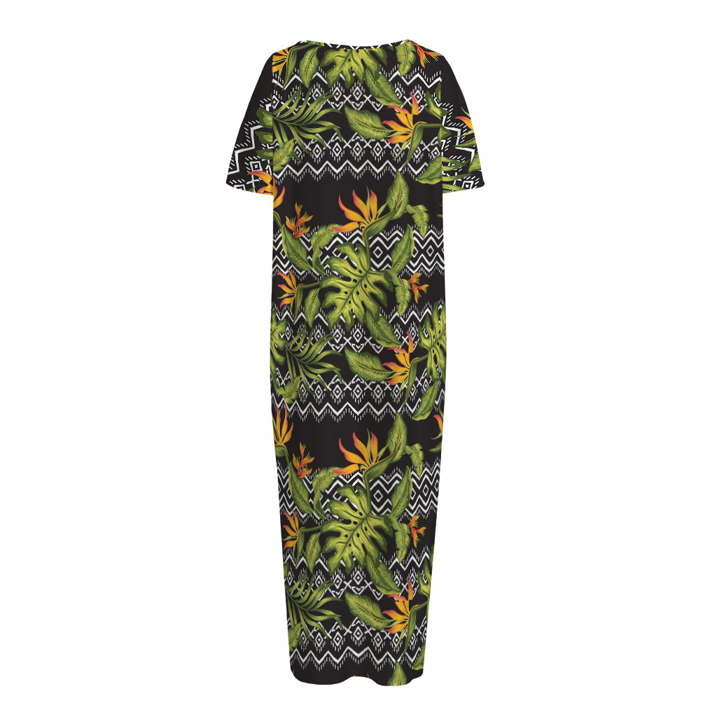 Ethnic Bird Of Paradise Pattern Print Short Sleeve Long Nightdress