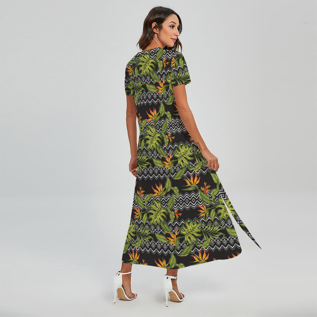 Ethnic Bird Of Paradise Pattern Print Short Sleeve Maxi Dress