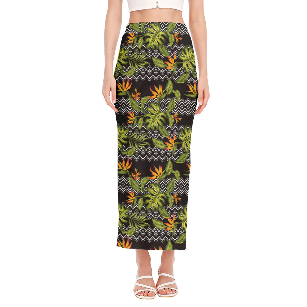 Ethnic Bird Of Paradise Pattern Print Side Slit Maxi Skirt