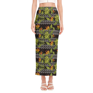 Ethnic Bird Of Paradise Pattern Print Side Slit Maxi Skirt