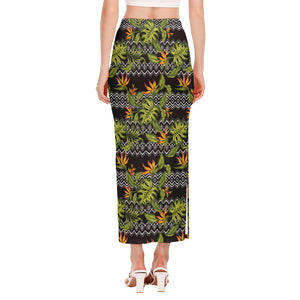 Ethnic Bird Of Paradise Pattern Print Side Slit Maxi Skirt