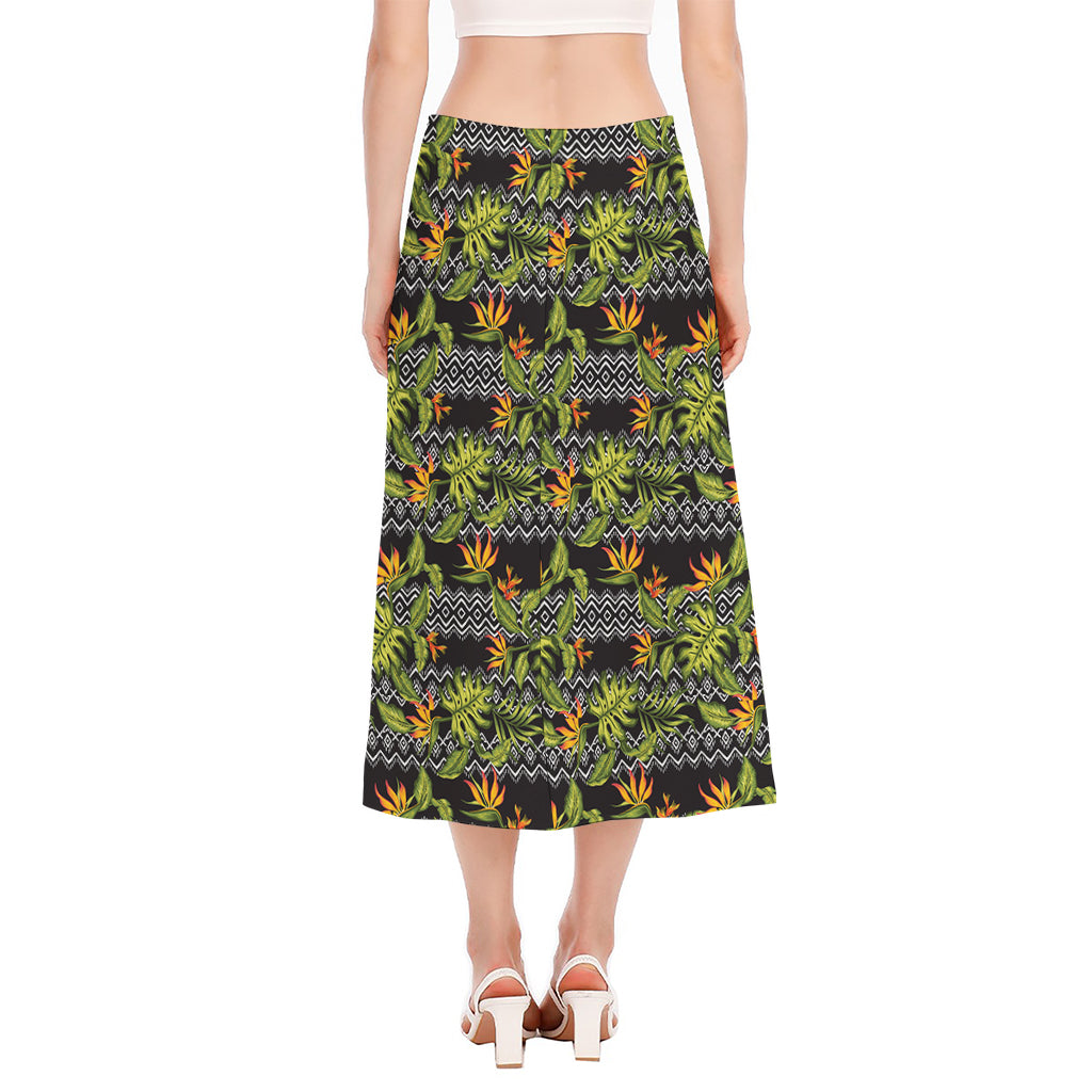 Ethnic Bird Of Paradise Pattern Print Side Slit Midi Skirt