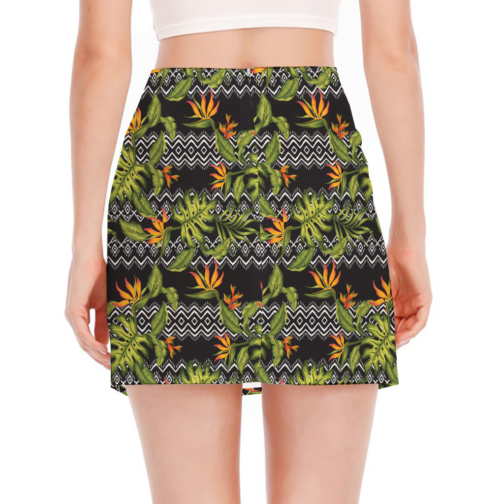 Ethnic Bird Of Paradise Pattern Print Side Slit Mini Skirt