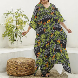 Ethnic Bird Of Paradise Pattern Print Silk V-Neck Kaftan Dress