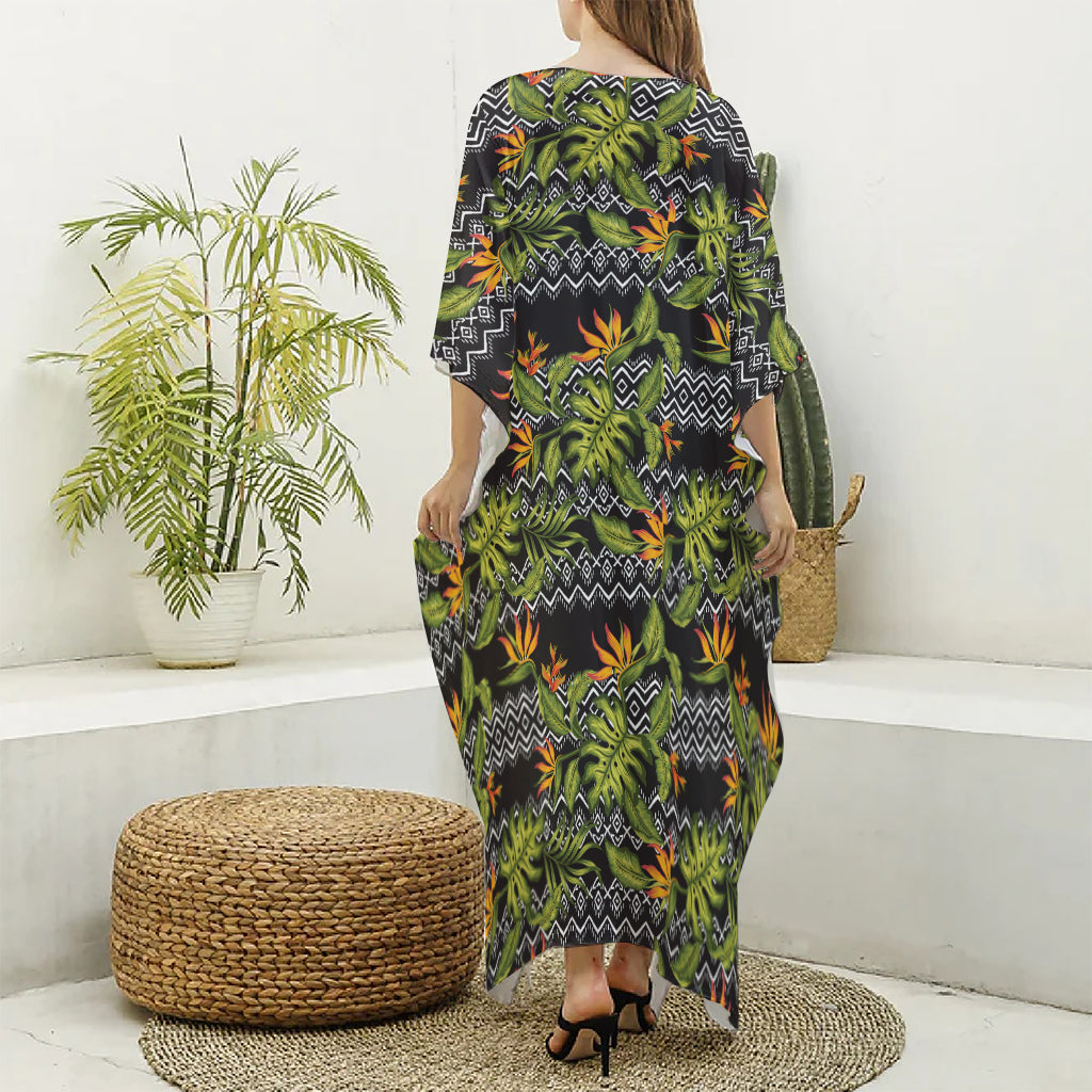 Ethnic Bird Of Paradise Pattern Print Silk V-Neck Kaftan Dress