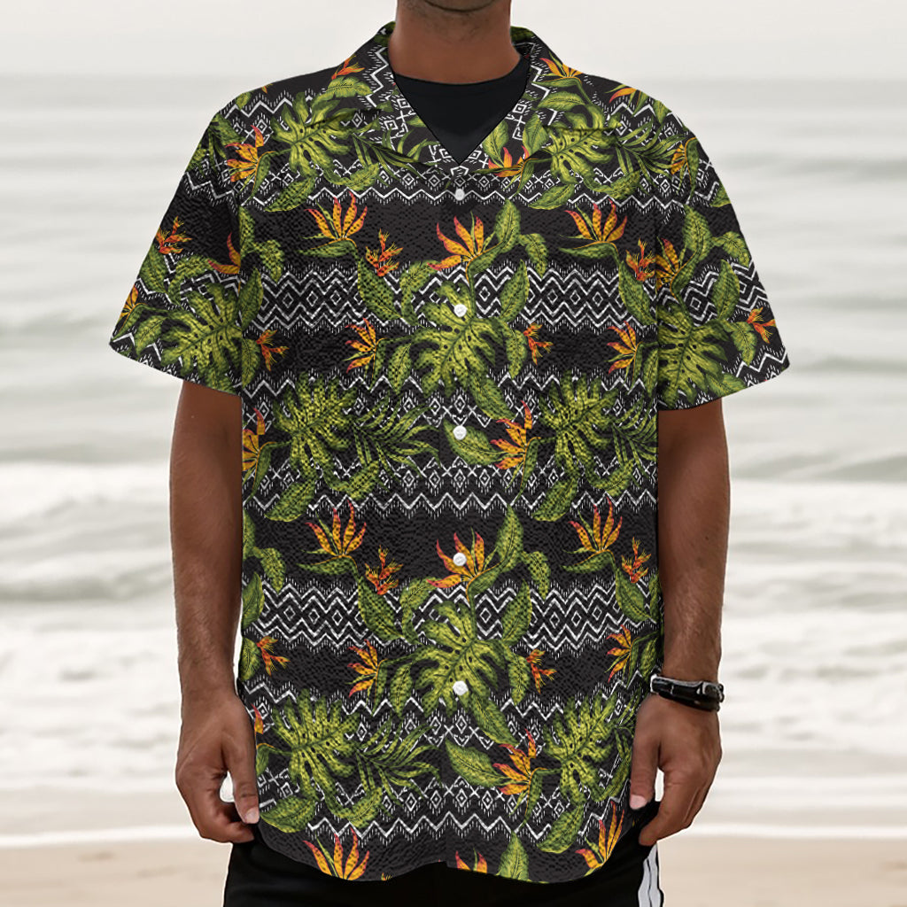 Ethnic Bird Of Paradise Pattern Print Textured Short Sleeve Shirt