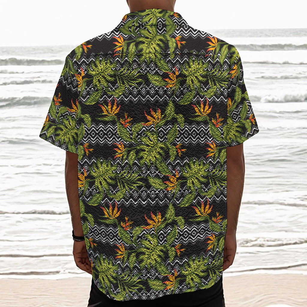 Ethnic Bird Of Paradise Pattern Print Textured Short Sleeve Shirt