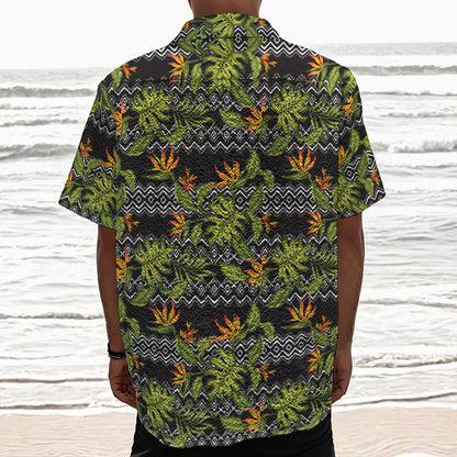 Ethnic Bird Of Paradise Pattern Print Textured Short Sleeve Shirt