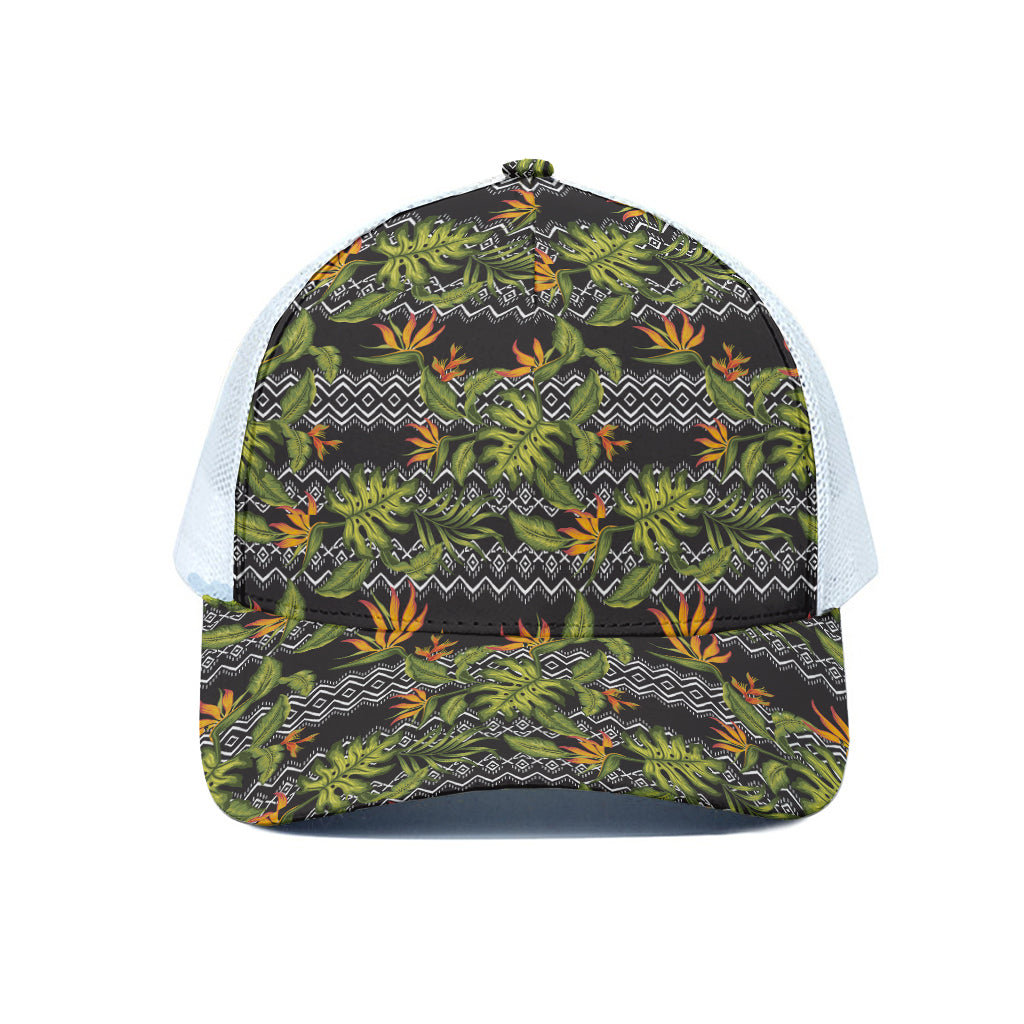 Ethnic Bird Of Paradise Pattern Print White Mesh Trucker Cap