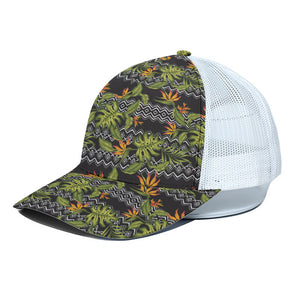 Ethnic Bird Of Paradise Pattern Print White Mesh Trucker Cap