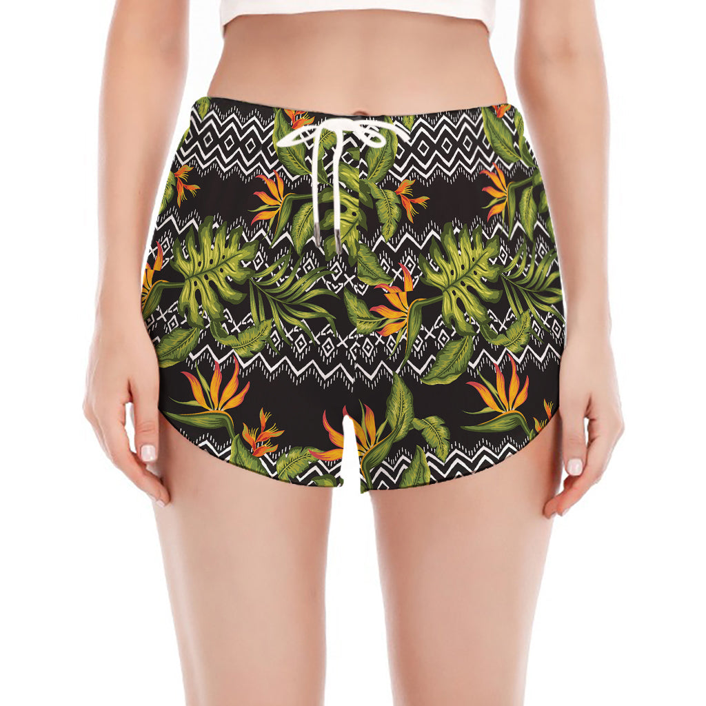 Ethnic Bird Of Paradise Pattern Print Women's Split Running Shorts