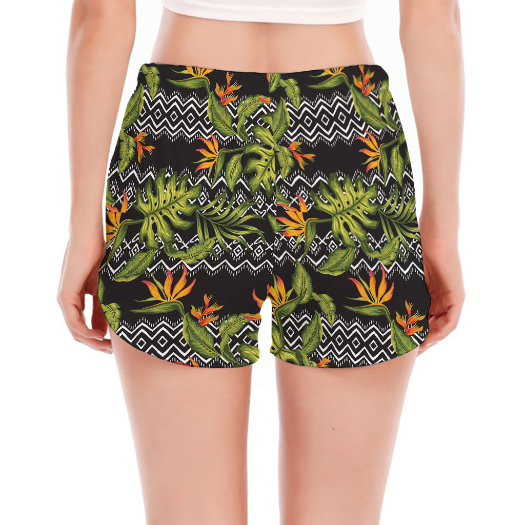 Ethnic Bird Of Paradise Pattern Print Women's Split Running Shorts