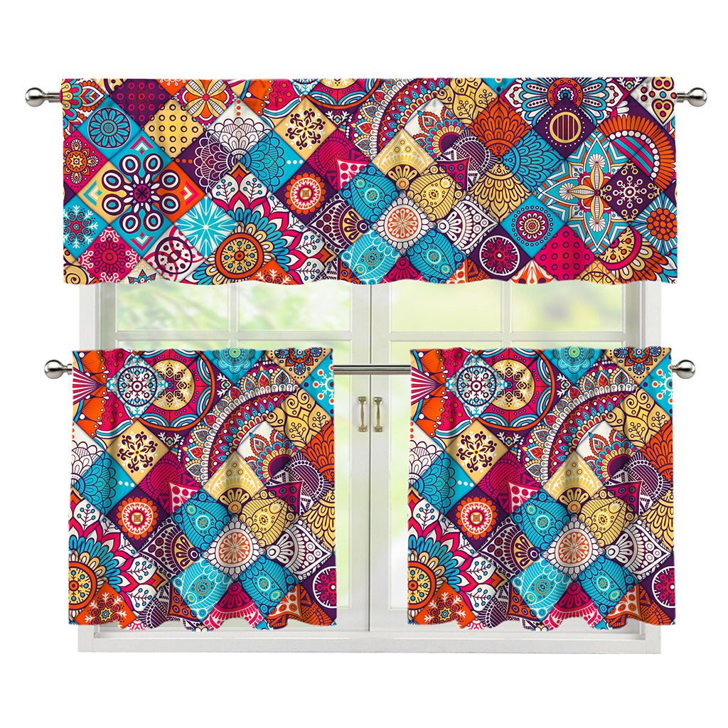 Ethnic Bohemian Mandala Pattern Print 3 Piece Kitchen Curtains