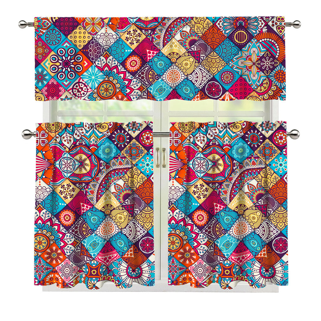Ethnic Bohemian Mandala Pattern Print 3 Piece Kitchen Curtains