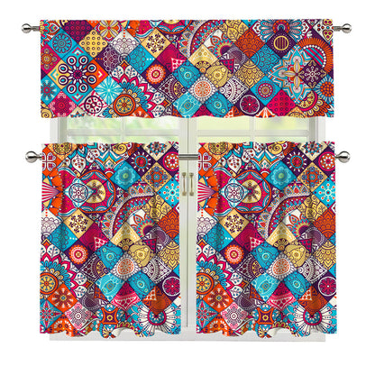 Ethnic Bohemian Mandala Pattern Print 3 Piece Kitchen Curtains