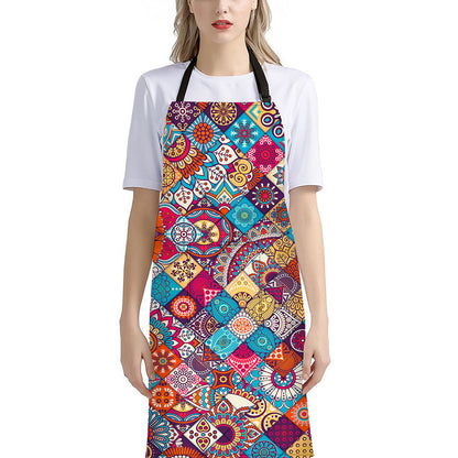 Ethnic Bohemian Mandala Pattern Print Bib Apron With Pocket