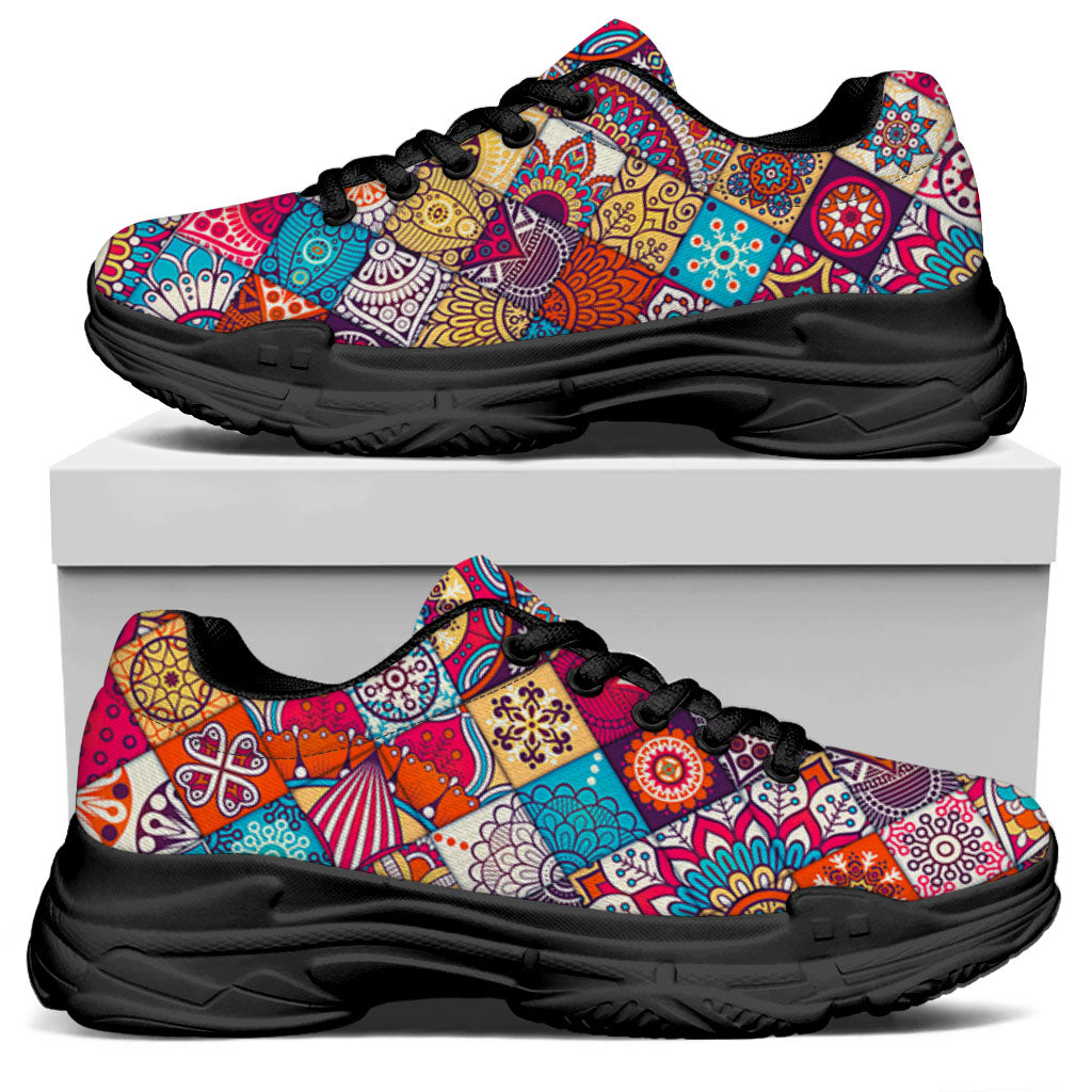 Ethnic Bohemian Mandala Pattern Print Black Chunky Shoes