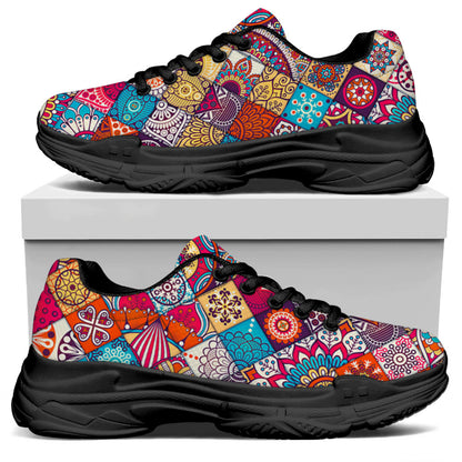 Ethnic Bohemian Mandala Pattern Print Black Chunky Shoes