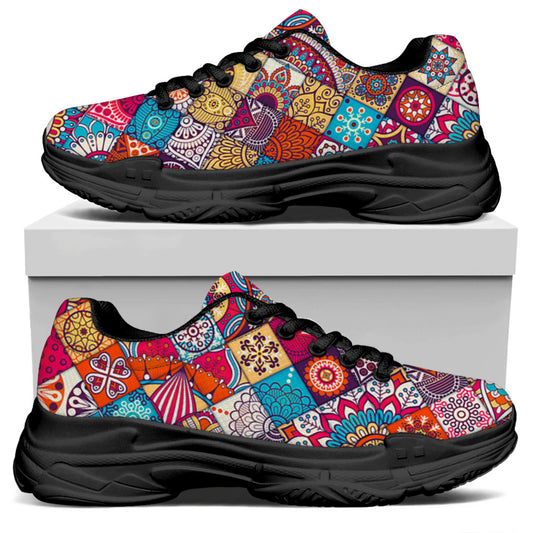 Ethnic Bohemian Mandala Pattern Print Black Chunky Shoes