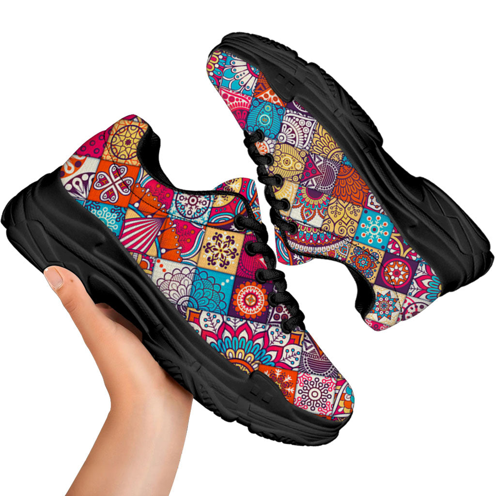 Ethnic Bohemian Mandala Pattern Print Black Chunky Shoes