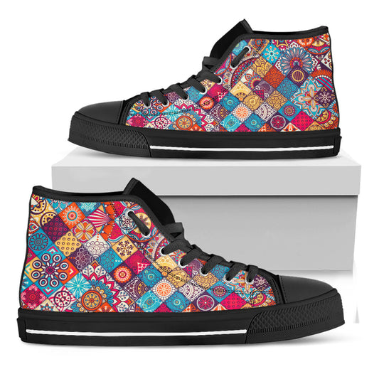 Ethnic Bohemian Mandala Pattern Print Black High Top Sneakers