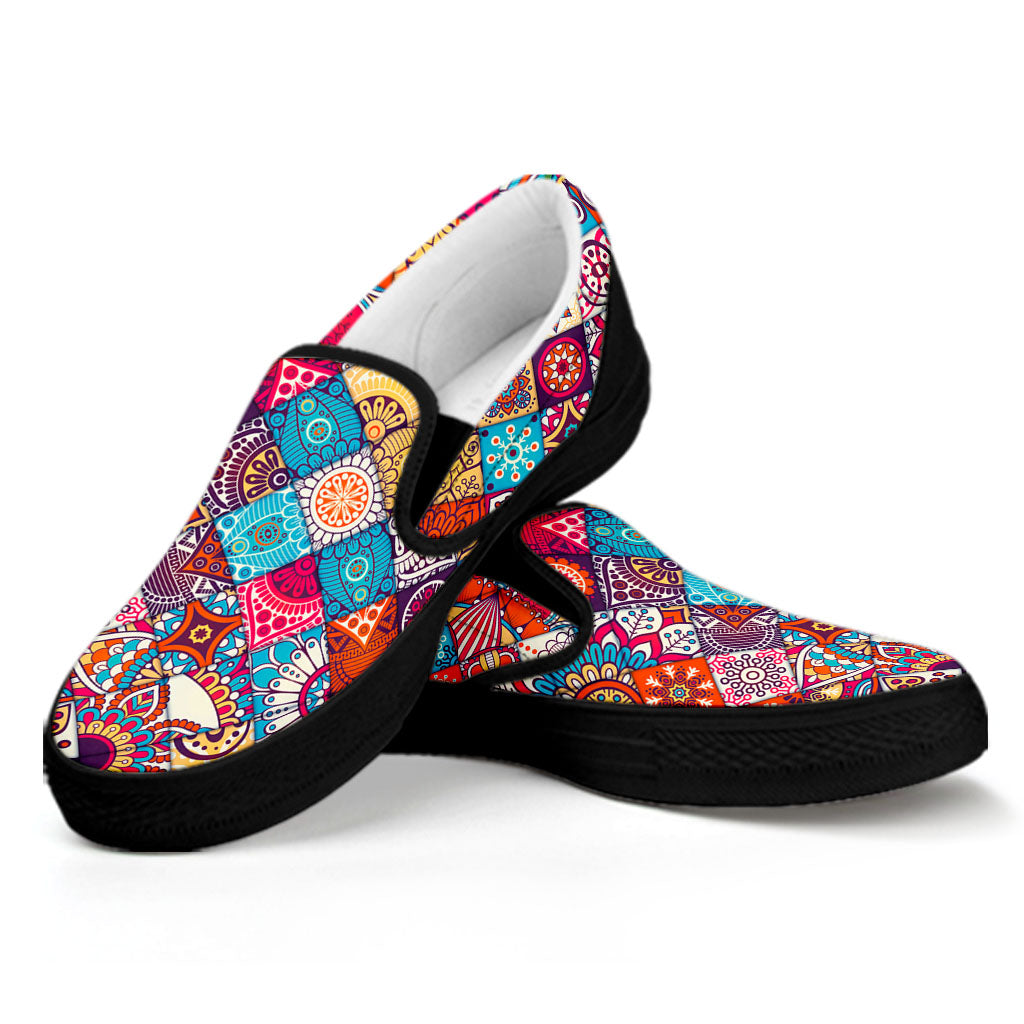 Ethnic Bohemian Mandala Pattern Print Black Slip On Sneakers