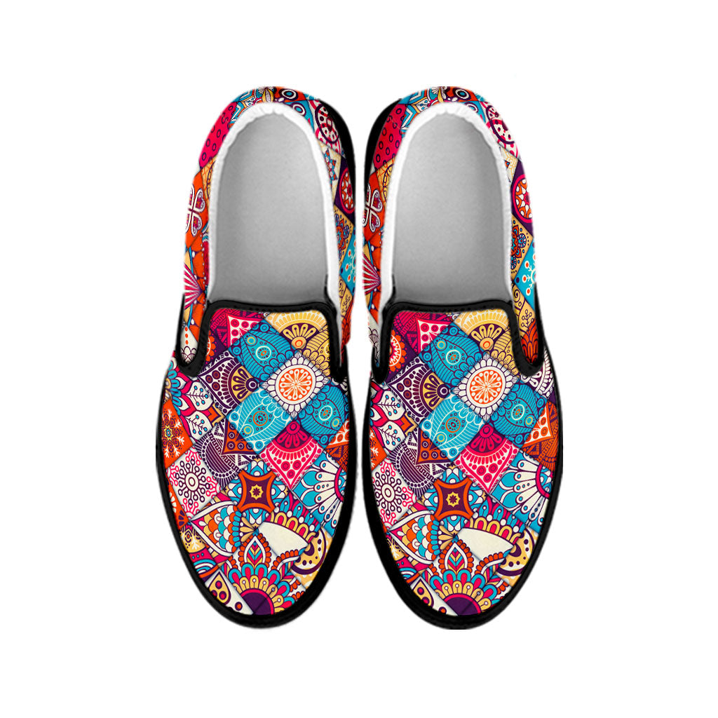 Ethnic Bohemian Mandala Pattern Print Black Slip On Sneakers