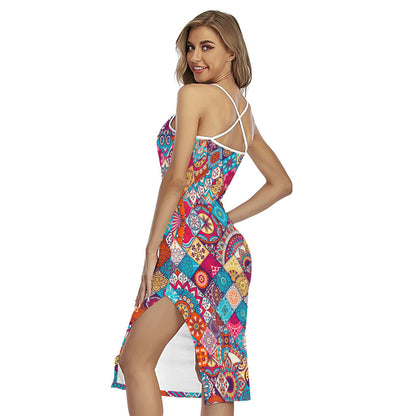 Ethnic Bohemian Mandala Pattern Print Cross Back Cami Dress