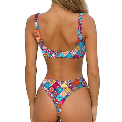 Ethnic Bohemian Mandala Pattern Print Front Bow Tie Bikini