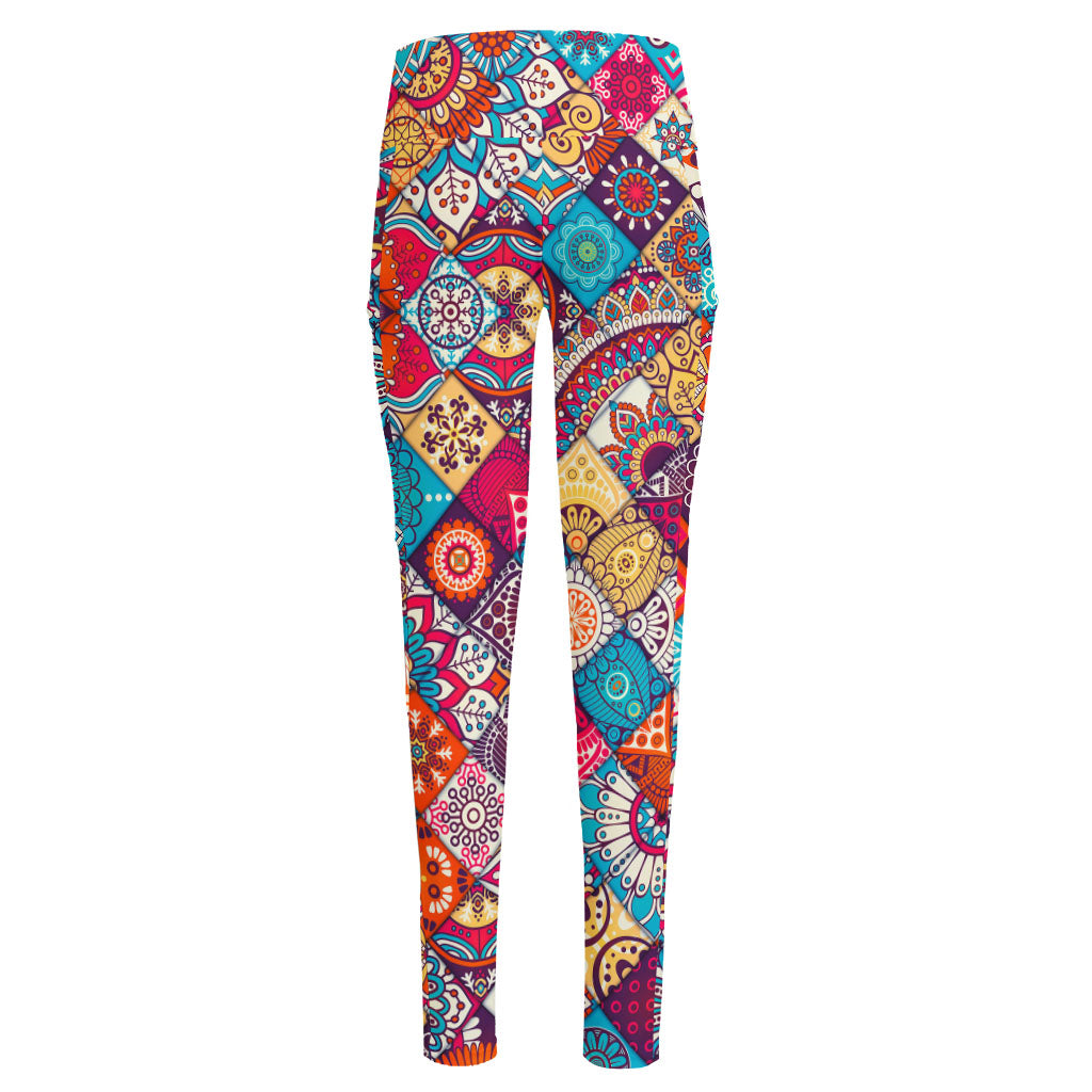 Ethnic Bohemian Mandala Pattern Print High-Waisted Pocket Leggings