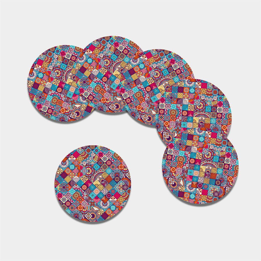 Ethnic Bohemian Mandala Pattern Print Leather Coaster Set